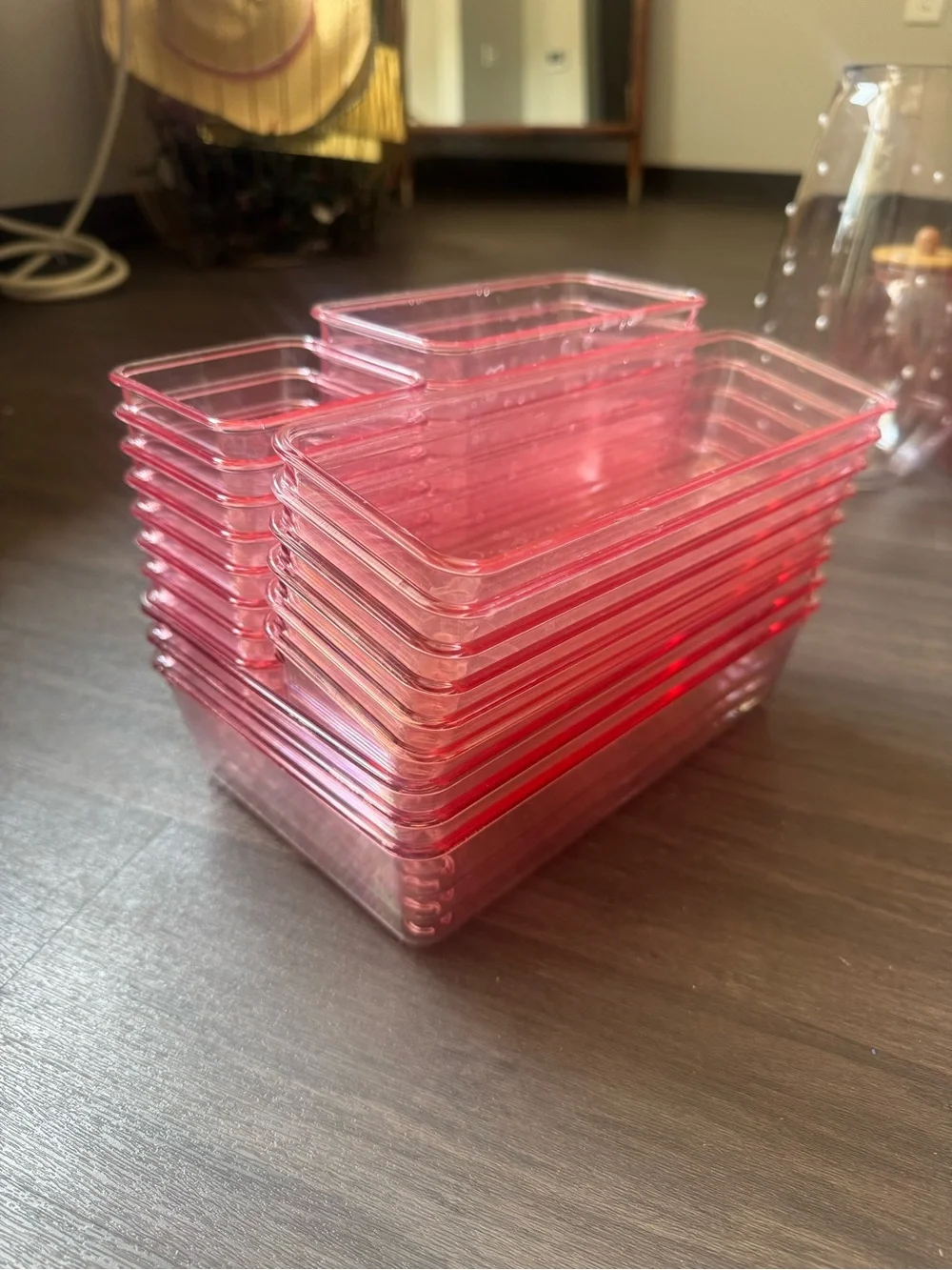 Pink Stackable Plastic Storage Bins - Set of Small Organizers, and Caddy
